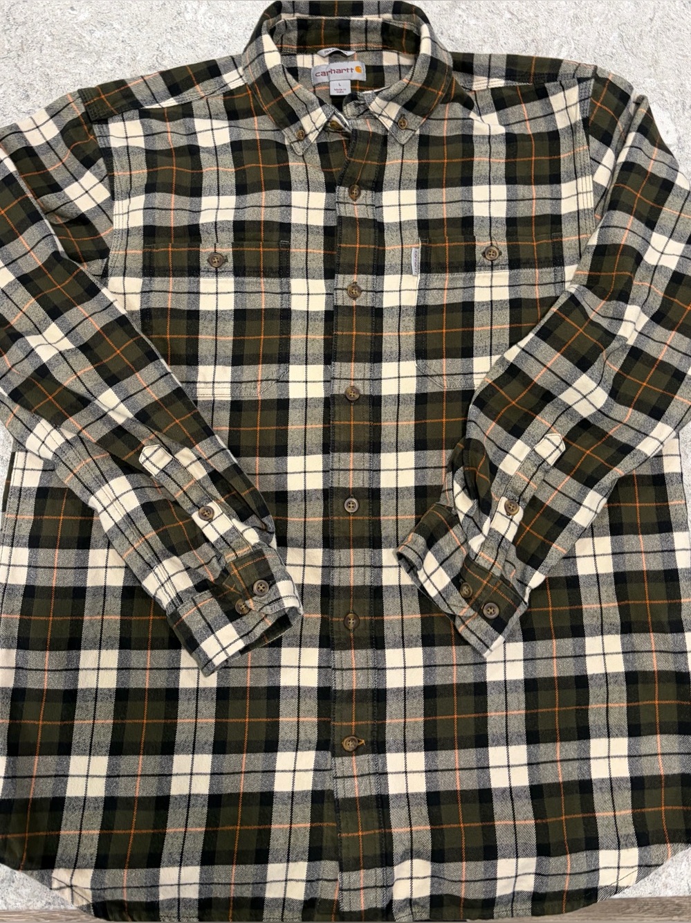 Carhartt Men's Green Cream Plaid Relaxed Fit Button-Down Shirt-Large